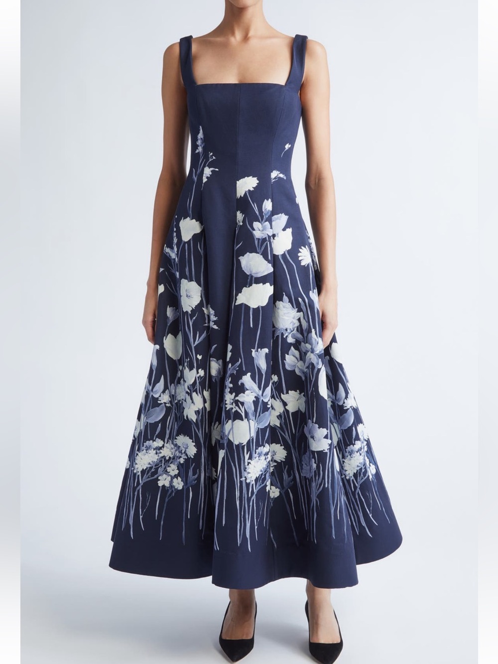Lela Rose Navy and white Floral Faille Square Neck Full Dress